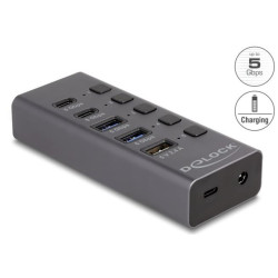 Delock rozbočovač USB 5 Gbps se 2 x USB Typ-A a 2 x zásuvkovými USB Type-C a jedním rychlonabíjecím portem + přepínač