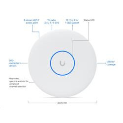 Ubiquiti U7-Pro-XGS, Ceiling-mounted 8-stream WiFi 7 AP with dedicated spectral scanning radio and 10 5 2.5 1 GbE, bílý