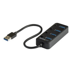 Startech 4 Port USB 3.0 Hub, USB-A to 4x USB 3.0 Type-A with Individual On Off Port Switches, SuperSpeed 5Gbps USB 3.1 USB 3.2 Gen 1, USB Bus Powered, Portable, 9.8" Attached Cable - Windows macOS Linux (HB30A4AIB) - Rozbočovač - 4 x USB 3.1 Gen 1 - desktop - pro P N: HB30C4AIB