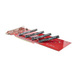 Startech Quad M.2 PCIe Adapter Card, x16 Quad NVMe or AHCI M.2 SSD to PCI Express 4.0, Up to 7.8GBps Drive, For 2242 2260 2280 22110mm PCIe M-Key M2 SSDs, Bifurcation Required - PC Linux Compatible (QUAD-M2-PCIE-CARD-B) - Adaptér rozhraní - M.2 - Rozšiřující slot na 4 x M.2 - M.2 Card - nízký profil - RAID 0, 1, JBOD - PCIe 4.0 x16 x8 - červená