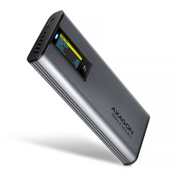 AXAGON EEM2-SD2, USB-C 10Gbps externí box s displejem pro M.2 NVMe SATA SSD, bezšroubkový, stříbrný