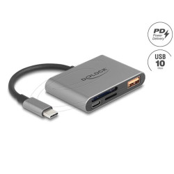 Delock Čtečka karet USB-C pro paměťové karty SD a Micro SD + port USB 10 Gb s typu A a USB typu C PD 2.0 85 W