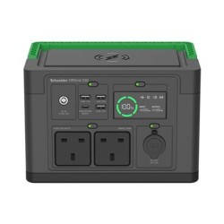 Schneider OffGrid 330 - Prenosná napájecí stanice - LCD, 2 zásuvky BS1363, sinusový prubeh, 3 USB-A, 1 USB-C, bezdrátová nabíjecka - AC 230 V - 330 watt - lithium-iontová - 332 Wh - výstupní konektory: 2 - Velká Británie - cerná, zelená