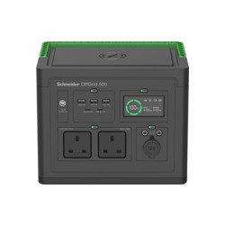 Schneider OffGrid 500 - Prenosná napájecí stanice - LCD, 2 zásuvky BS1363, sinusový prubeh, 3 USB-A, 2 USB-C, bezdrátová nabíjecka - AC 195 - 265 DC 12 -30 V - 500 watt - lithium-iontová - 517 Wh - výstupní konektory: 2 - Velká Británie - cerná, zelená