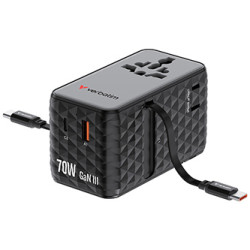 Verbatim, Univerzální cestovní adaptér GaN III Charge ,n 1x USB-C, 1X USB-A + 2x integrovaný kabel USB-C, černá, 70 W