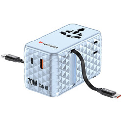 Verbatim, Cestovní adaptér Charge ,n, Travel GaN III 1x USB-C, 1X USB-A + 2x integrovaný kabel USB-C, modrá, 70 W