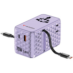 Verbatim, Cestovní adaptér Charge ,n, Travel GaN III 1x USB-C, 1X USB-A + 2x integrovaný kabel USB-C, fialová, 70 W