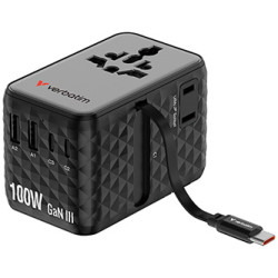 Verbatim, Cestovní adaptér Charge ,n, Travel GaN III 2x USB-C, 2X USB-A + 1x integrovaný kabel USB-C, černá, 100 W