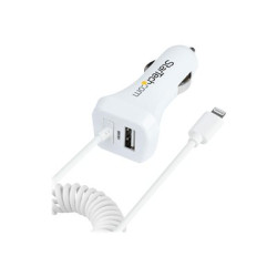Startech Lightning Car Charger with 1m Coiled Lightning Cable, 12W, White, 2 Port USB Car Charger Adapter for Phones and Tablets, In Car Apple iPhone iPad Charger w Built-in Cord - Dual USB Car Charger (USBLT2PCARW2) - Napájecí adaptér do auta - 12 watt - 4.2 A - 2 výstupní konektory (USB, Lightning) - bílá