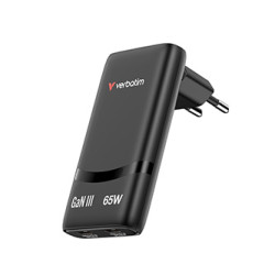 Verbatim Fold ,n, Go, GaN nabíječka do sítě 2 USB-C PD 3.0, černá, 65W, pevná EU vidlice