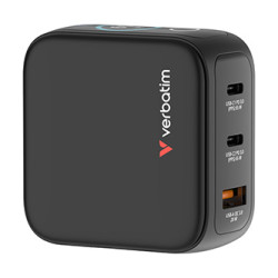 Verbatim, Miniaturní nabíječka GaN s displejem a kabelem 2 x USB-C 1 x USB-A, šedá, 65W, Vyměnitelné zástrčky (EU, UK, US)