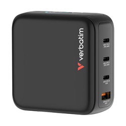 Verbatim, Miniaturní nabíječka GaN s displejem a kabelem 3 x USB-C 1 x USB-A, šedá, 140 W, Vyměnitelné EU, UK, a americké zástrč