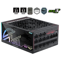 MSI zdroj MPG AI1600TS PCIE5 1600W ATX3.1 akt. PFC 12 let záruka 135mm fan modulární kabeláž 80PLUS Titanium