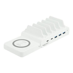 Delock USB and Wireless Charger - Dobíjecí stanice + AC napájecí adaptér - 110 watt - 5 A - PD - 5 výstupní konektory (3 x USB typ A, 2 x USB-C) - bílá